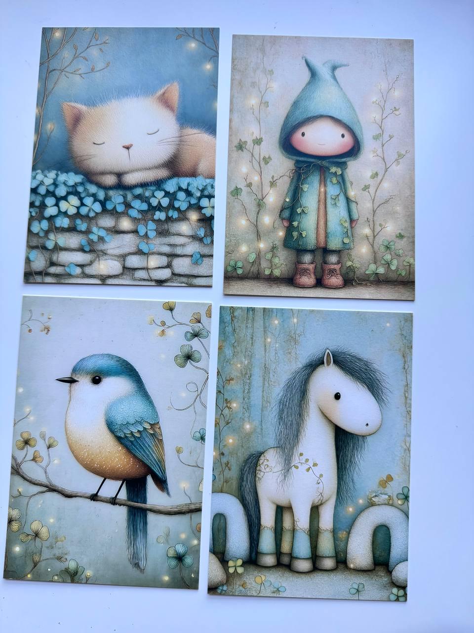Set of 20 Cute Woodland Postcards, Whimsical Girls Animals & Forest Art Cards, 14.5 x 10 cm, Junk Journal Scrapbooking Ephemera