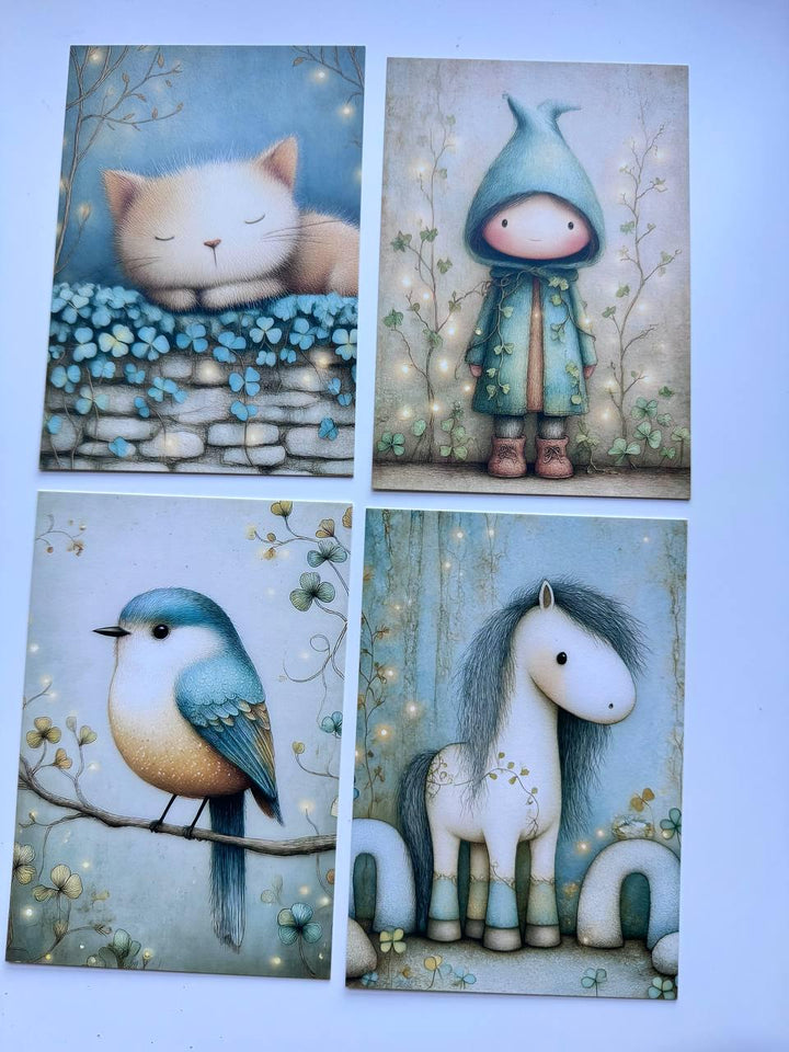 Set of 20 Cute Woodland Postcards, Whimsical Girls Animals & Forest Art Cards, 14.5 x 10 cm, Junk Journal Scrapbooking Ephemera