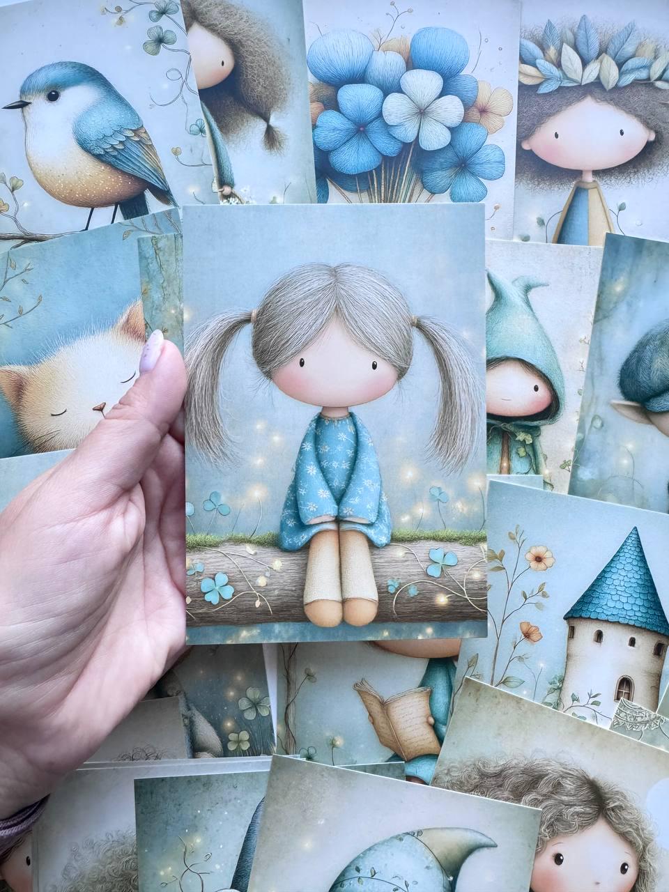 Set of 20 Cute Woodland Postcards, Whimsical Girls Animals & Forest Art Cards, 14.5 x 10 cm, Junk Journal Scrapbooking Ephemera