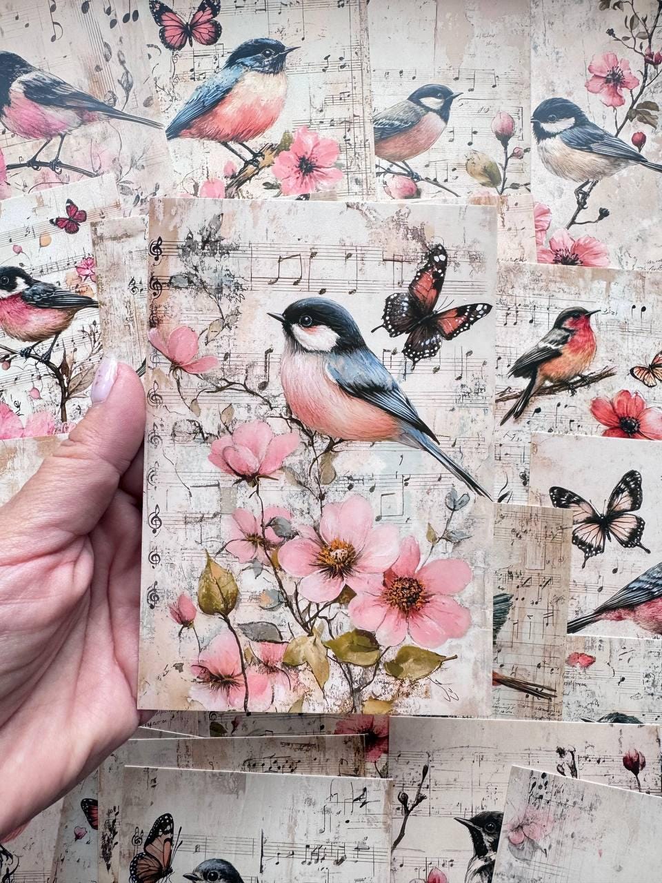 Set of 20 Vintage Bird Postcards, Pink Floral Birds, Flat Single-Sheet Cards, Junk Journal & Scrapbooking Ephemera
