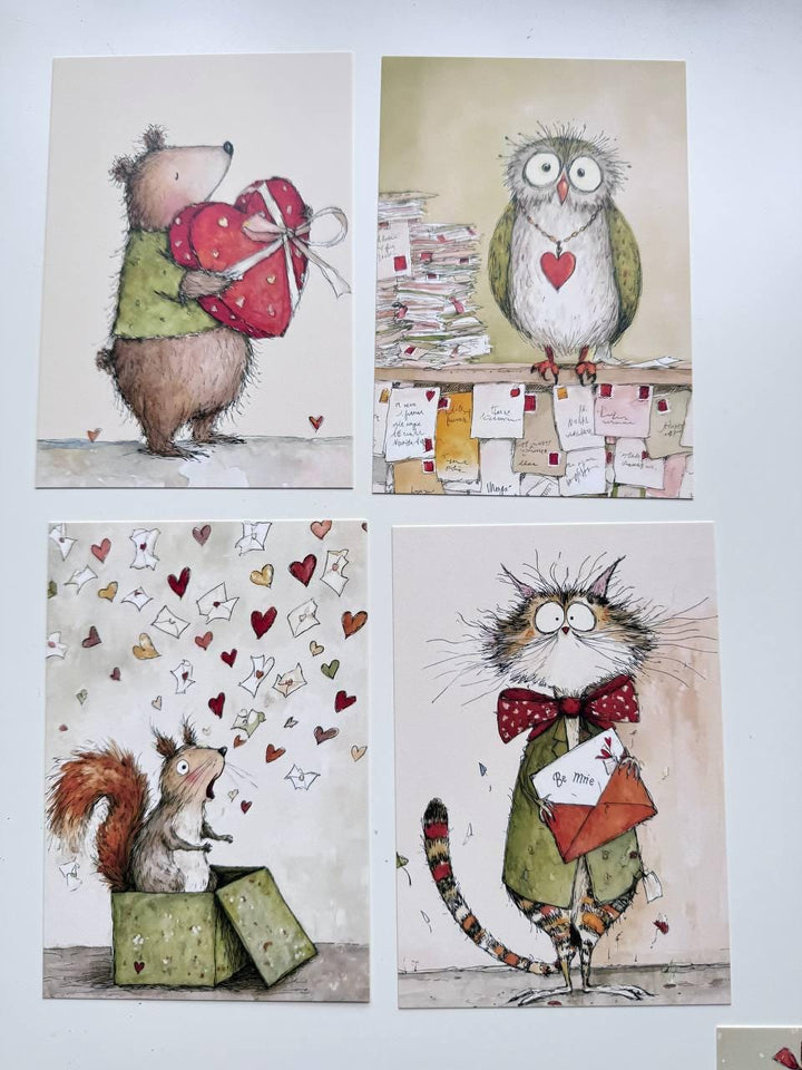 Set of 20 Cute Valentine Postcards, Love Animals Cards, Mice Bunny Squirrel Illustrations, 14.5 x 10 cm, Junk Journal Supplies