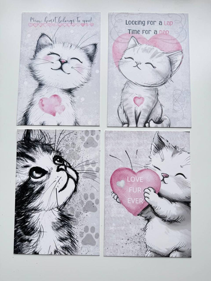 Set of 20 Cute Cat Valentine Postcards, Pink Love Kitty Cards, Romantic Cat Illustrations, 14.5 x 10 cm, Junk Journal Supplies