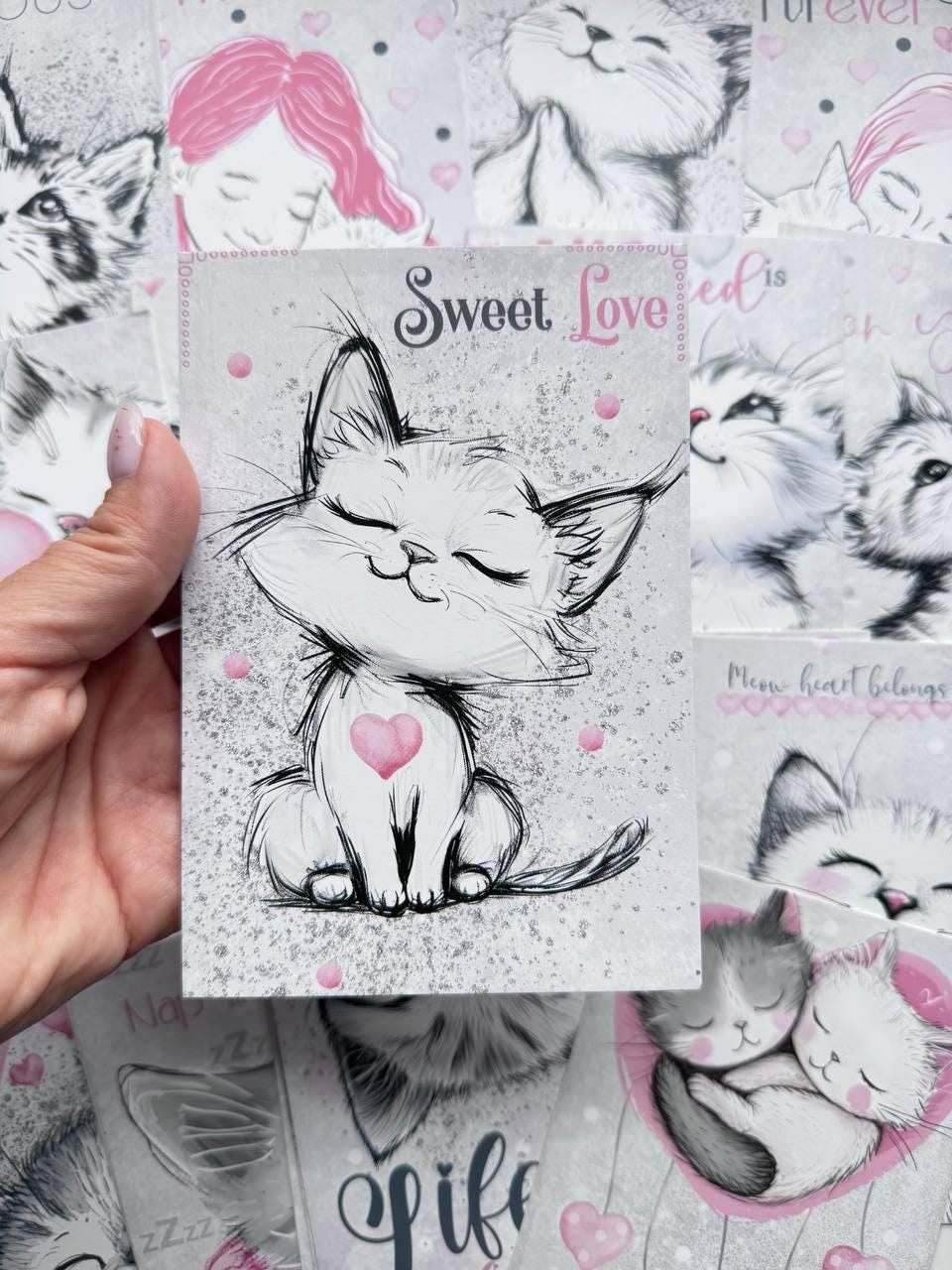 Set of 20 Cute Cat Valentine Postcards, Pink Love Kitty Cards, Romantic Cat Illustrations, 14.5 x 10 cm, Junk Journal Supplies