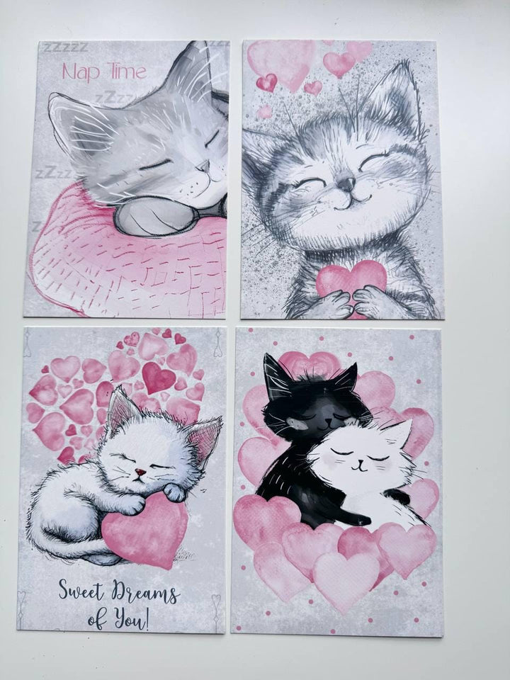 Set of 20 Cute Cat Valentine Postcards, Pink Love Kitty Cards, Romantic Cat Illustrations, 14.5 x 10 cm, Junk Journal Supplies