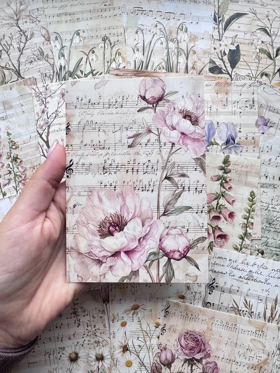Set of 20 Botanical Music Postcards, Floral Sheet Music Cards, Vintage Flower Ephemera, 14.5 x 10 cm, Junk Journal & Scrapbook Supplies