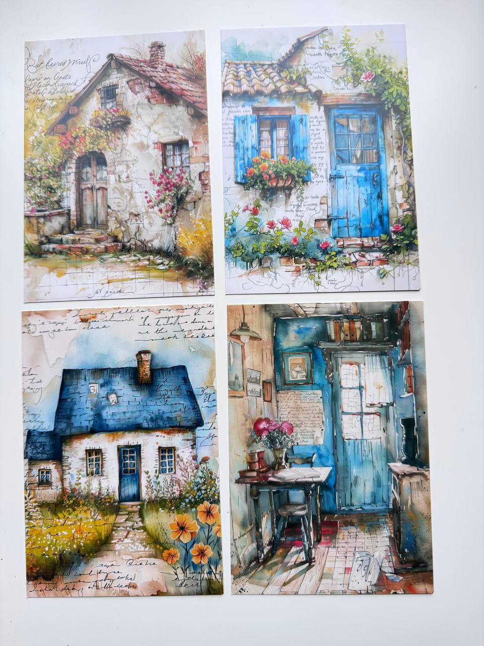 Set of 20 Cosy Home Postcards, Cottage & Interior Illustration Cards, 14.5 x 10 cm, Junk Journal Ephemera, Scrapbooking Supplies