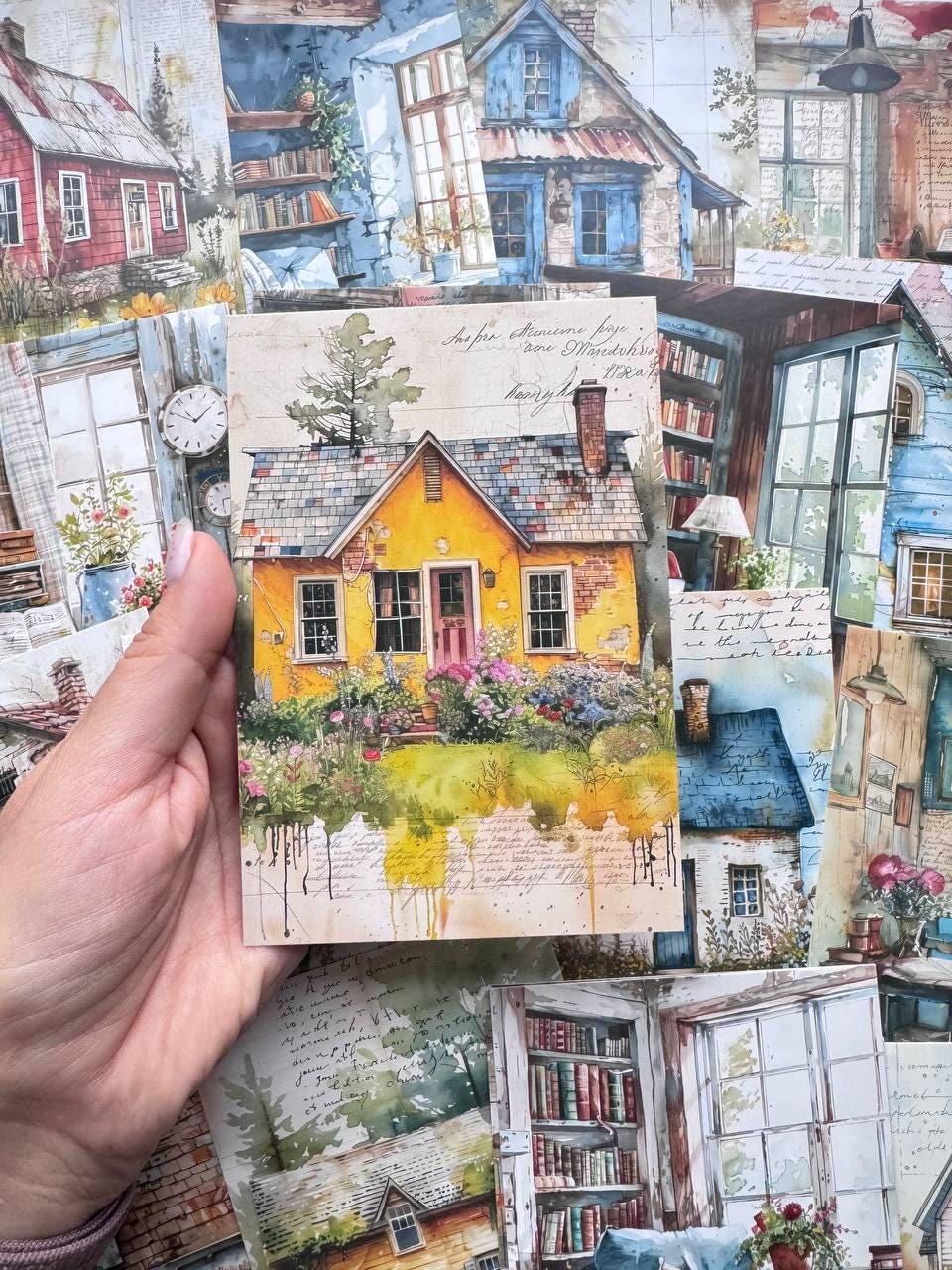 Set of 20 Cosy Home Postcards, Cottage & Interior Illustration Cards, 14.5 x 10 cm, Junk Journal Ephemera, Scrapbooking Supplies