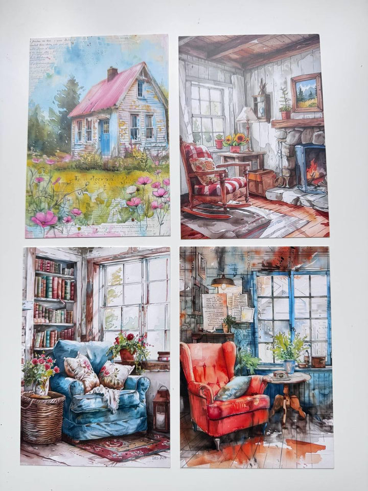 Set of 20 Cosy Home Postcards, Cottage & Interior Illustration Cards, 14.5 x 10 cm, Junk Journal Ephemera, Scrapbooking Supplies