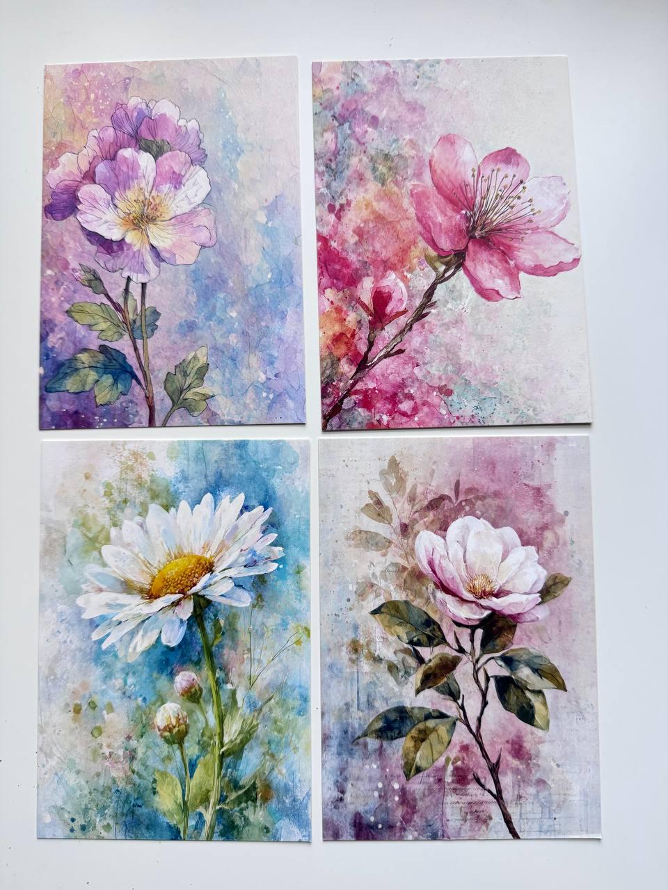 Set of 20 Floral Postcards, Watercolour Flower Illustration Cards, 14.5 x 10 cm, Botanical Junk Journal & Scrapbooking Supplies