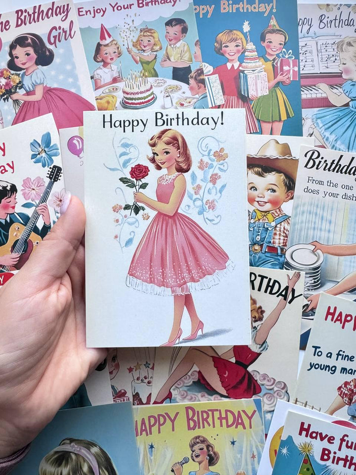 Set of 20 Vintage Birthday Postcards, Retro Birthday Illustration Cards, 14.5 x 10 cm, Scrapbooking & Junk Journal Ephemera