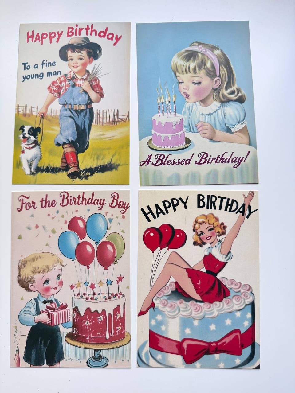 Set of 20 Vintage Birthday Postcards, Retro Birthday Illustration Cards, 14.5 x 10 cm, Scrapbooking & Junk Journal Ephemera