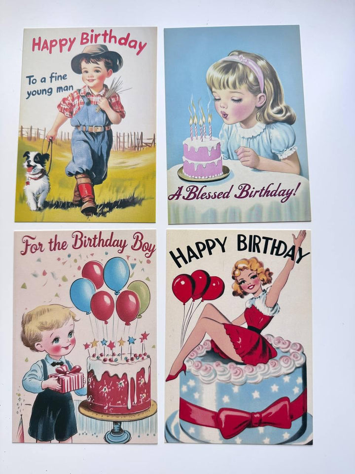 Set of 20 Vintage Birthday Postcards, Retro Birthday Illustration Cards, 14.5 x 10 cm, Scrapbooking & Junk Journal Ephemera