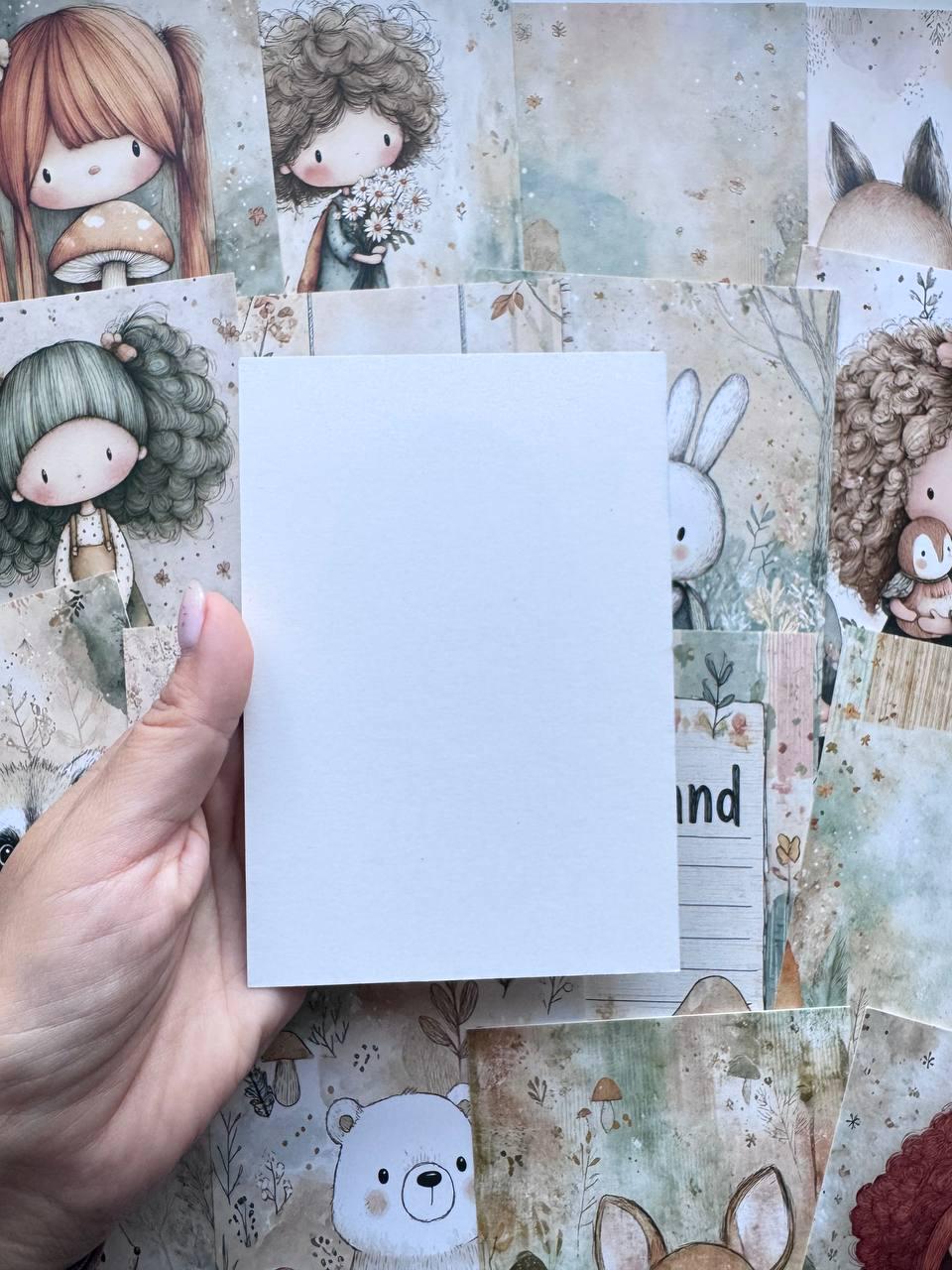 Set of 20 Cute Woodland Postcards, Girls Mushrooms & Forest Animals, Whimsical Art Cards, 14.5 x 10 cm, Junk Journal Scrapbook Supplies