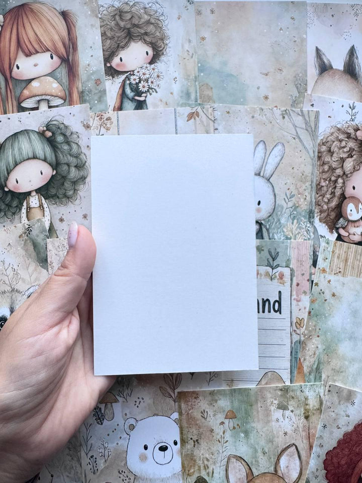 Set of 20 Cute Woodland Postcards, Girls Mushrooms & Forest Animals, Whimsical Art Cards, 14.5 x 10 cm, Junk Journal Scrapbook Supplies