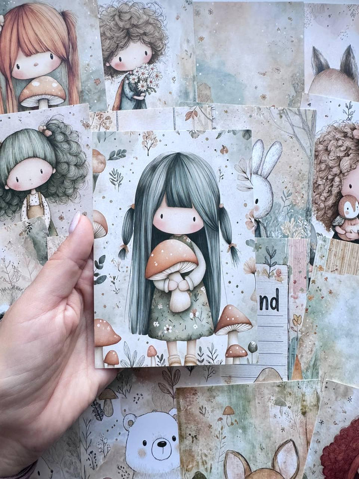 Set of 20 Cute Woodland Postcards, Girls Mushrooms & Forest Animals, Whimsical Art Cards, 14.5 x 10 cm, Junk Journal Scrapbook Supplies