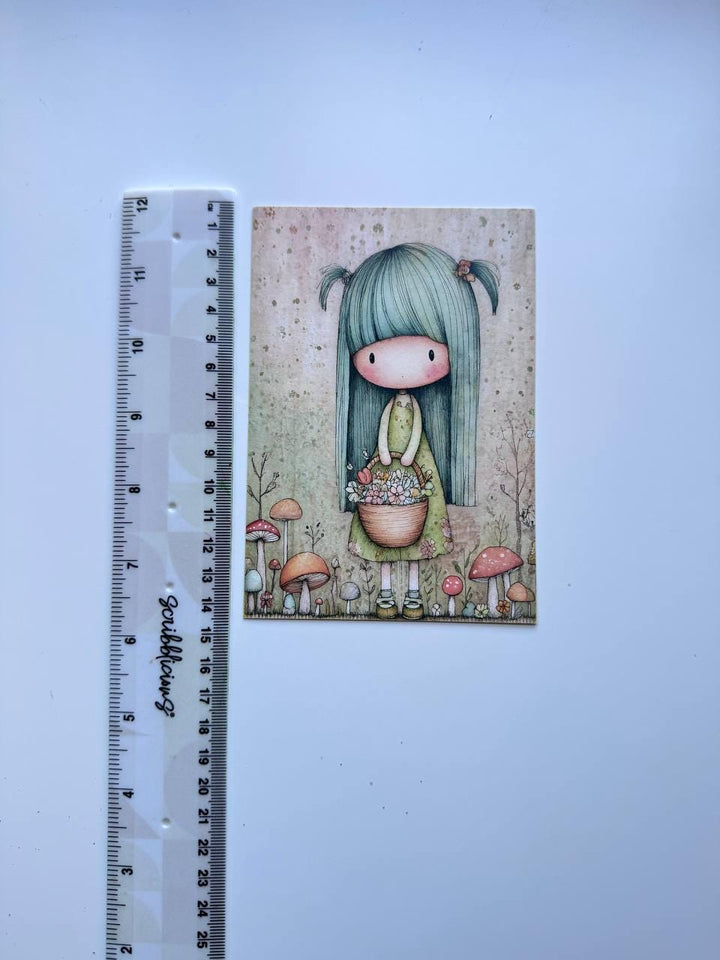 Set of 20 Cute Woodland Postcards, Girls Mushrooms & Forest Animals, Whimsical Art Cards, 14.5 x 10 cm, Junk Journal Scrapbook Supplies