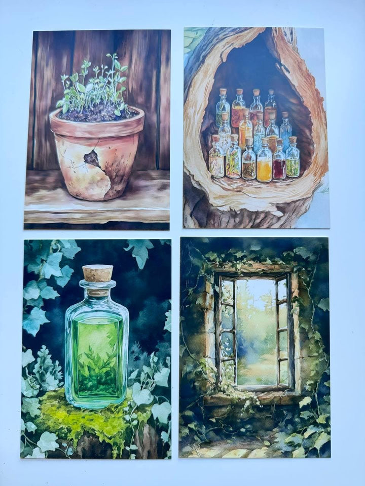 Set of 20 Mystical Forest Postcards, Dreamcatcher Potion Bottles, Magical Woodland Art Cards, 14.5 x 10 cm, Junk Journal Ephemera