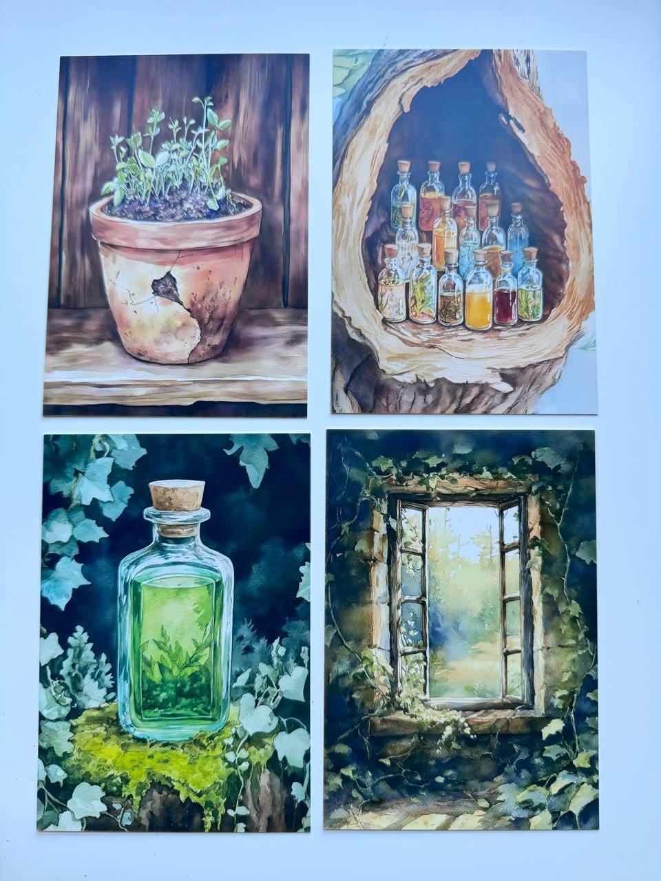 Set of 20 Mystical Forest Postcards, Dreamcatcher Potion Bottles, Magical Woodland Art Cards, 14.5 x 10 cm, Junk Journal Ephemera