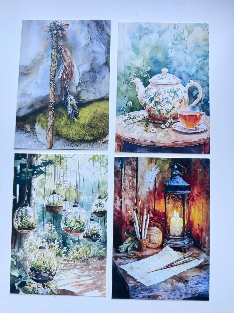 Set of 20 Mystical Forest Postcards, Dreamcatcher Potion Bottles, Magical Woodland Art Cards, 14.5 x 10 cm, Junk Journal Ephemera