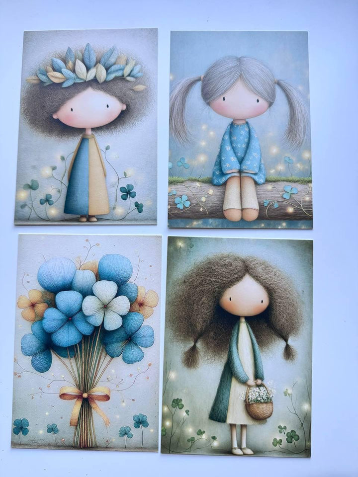Set of 20 Cute Woodland Postcards, Whimsical Girls Animals & Forest Art Cards, 14.5 x 10 cm, Junk Journal Scrapbooking Ephemera