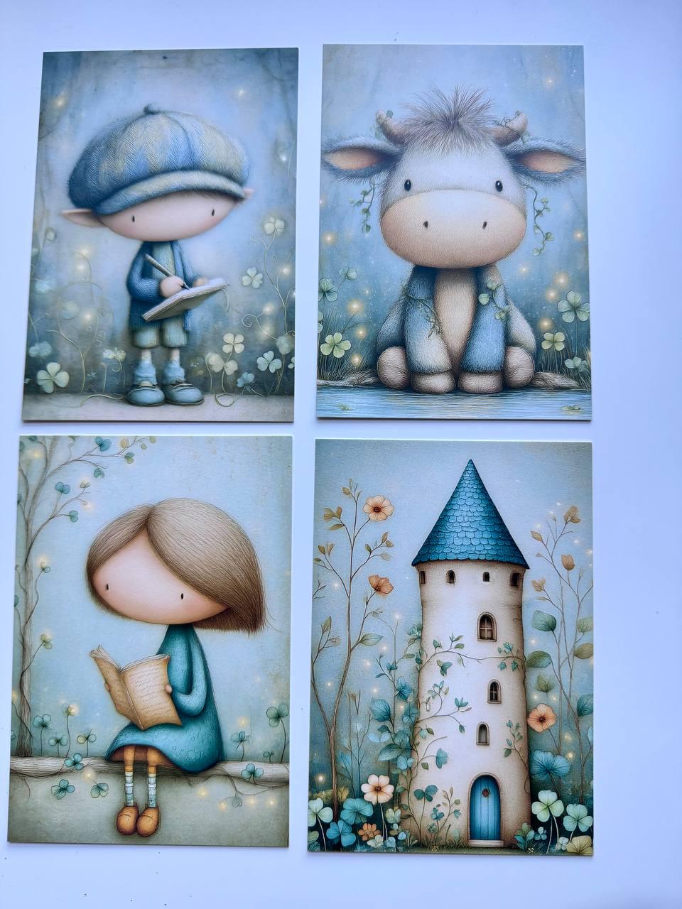 Set of 20 Cute Woodland Postcards, Whimsical Girls Animals & Forest Art Cards, 14.5 x 10 cm, Junk Journal Scrapbooking Ephemera