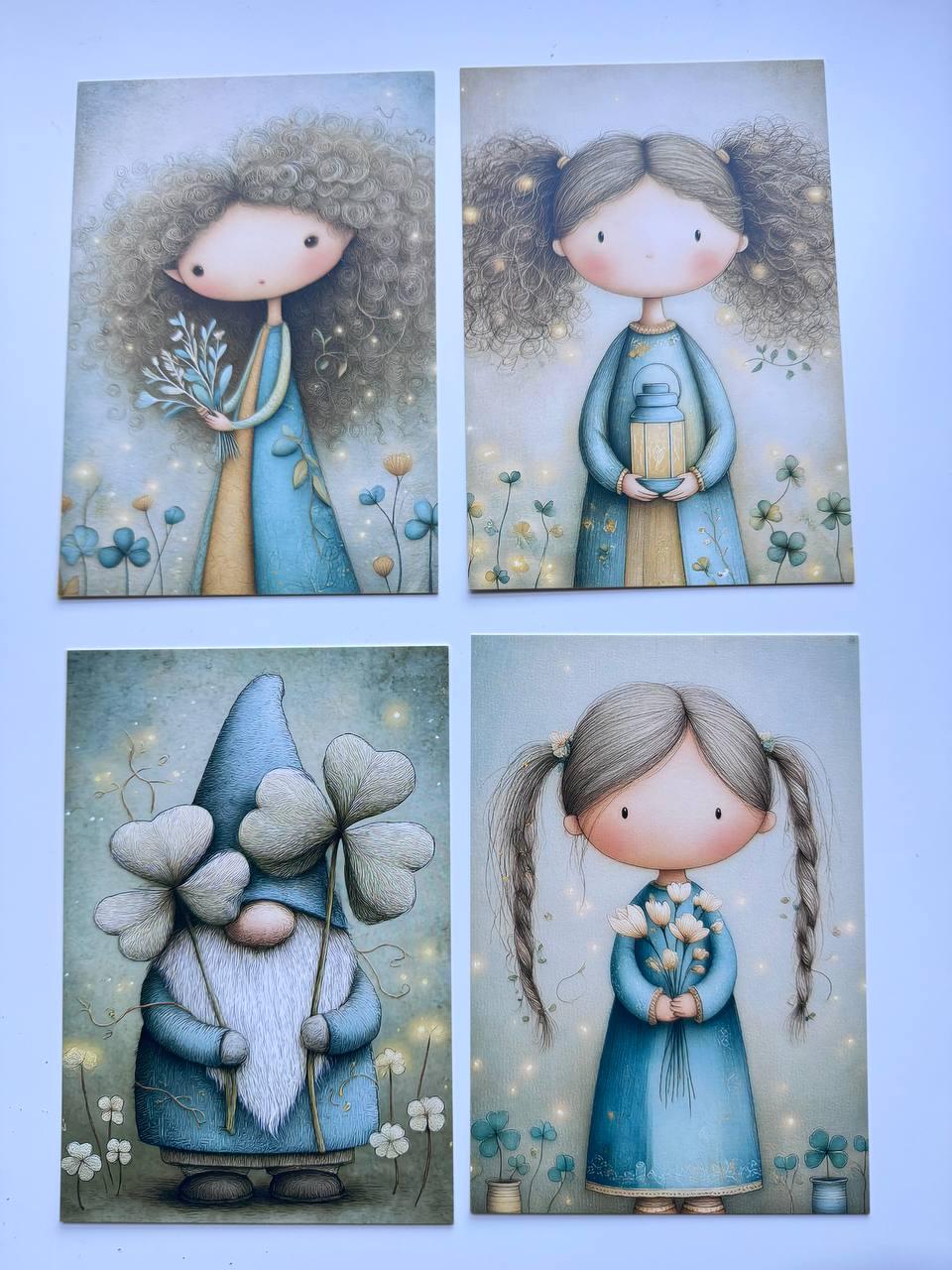 Set of 20 Cute Woodland Postcards, Whimsical Girls Animals & Forest Art Cards, 14.5 x 10 cm, Junk Journal Scrapbooking Ephemera