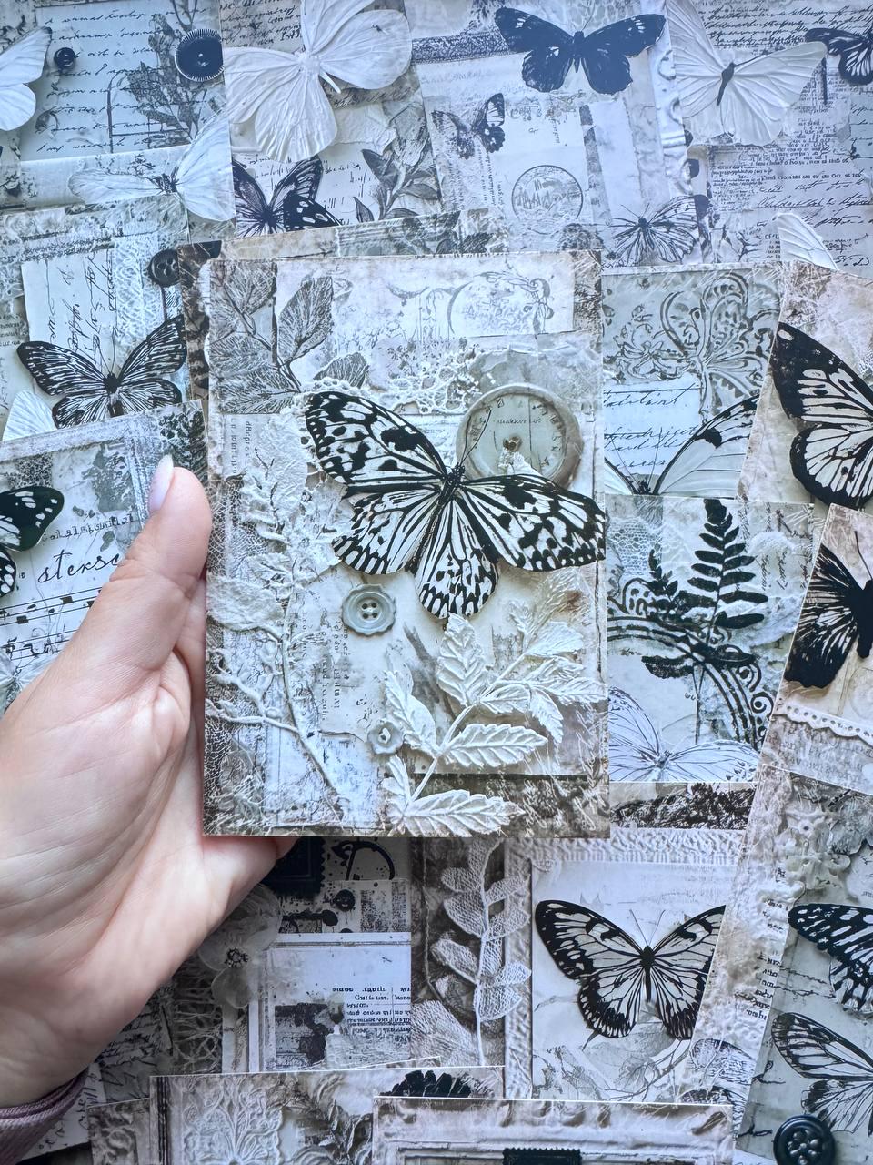 Set of 20 Butterfly Postcards, Black & White Vintage Collage Cards, 14.5 x 10 cm, Junk Journal Scrapbooking Ephemera