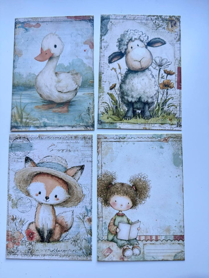 Set of 20 Whimsical Postcards, Cute Children & Animals Cards, Vintage Style 14.5 x 10 cm, Junk Journal Scrapbooking Ephemera