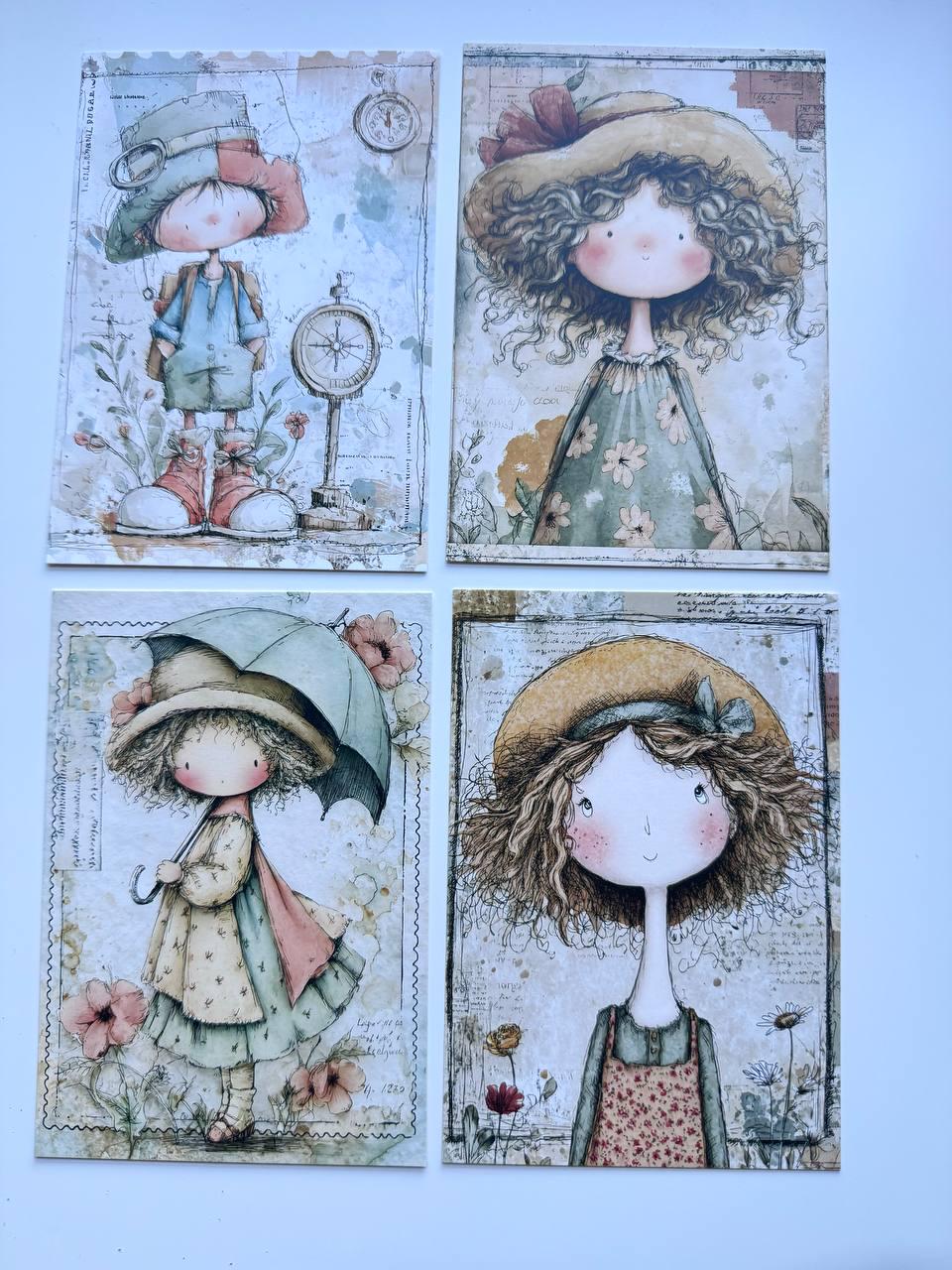 Set of 20 Whimsical Postcards, Cute Children & Animals Cards, Vintage Style 14.5 x 10 cm, Junk Journal Scrapbooking Ephemera