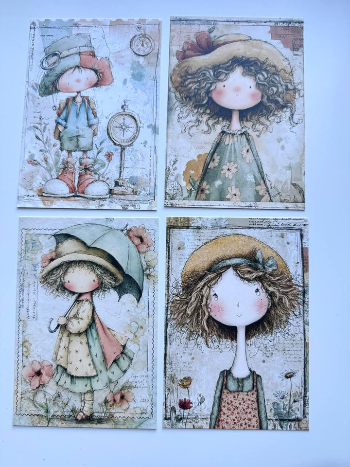 Set of 20 Whimsical Postcards, Cute Children & Animals Cards, Vintage Style 14.5 x 10 cm, Junk Journal Scrapbooking Ephemera