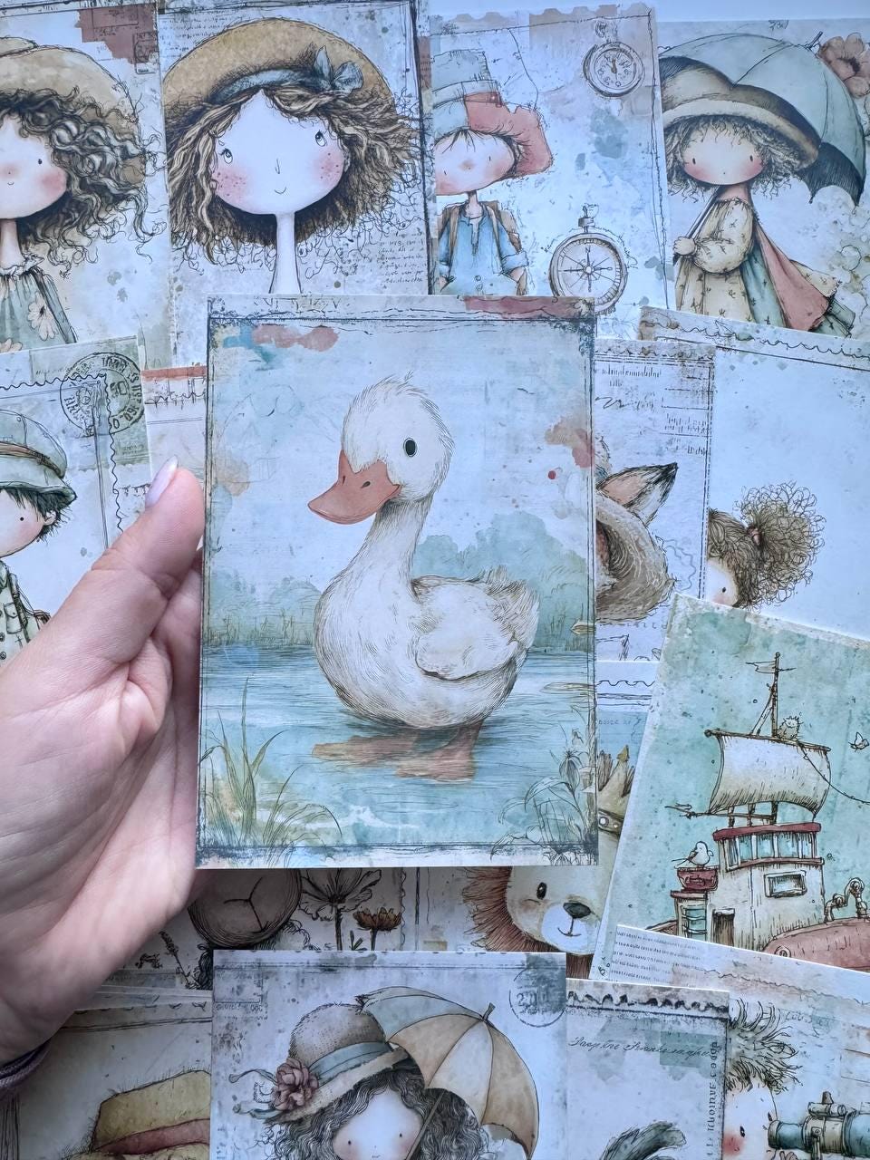 Set of 20 Whimsical Postcards, Cute Children & Animals Cards, Vintage Style 14.5 x 10 cm, Junk Journal Scrapbooking Ephemera