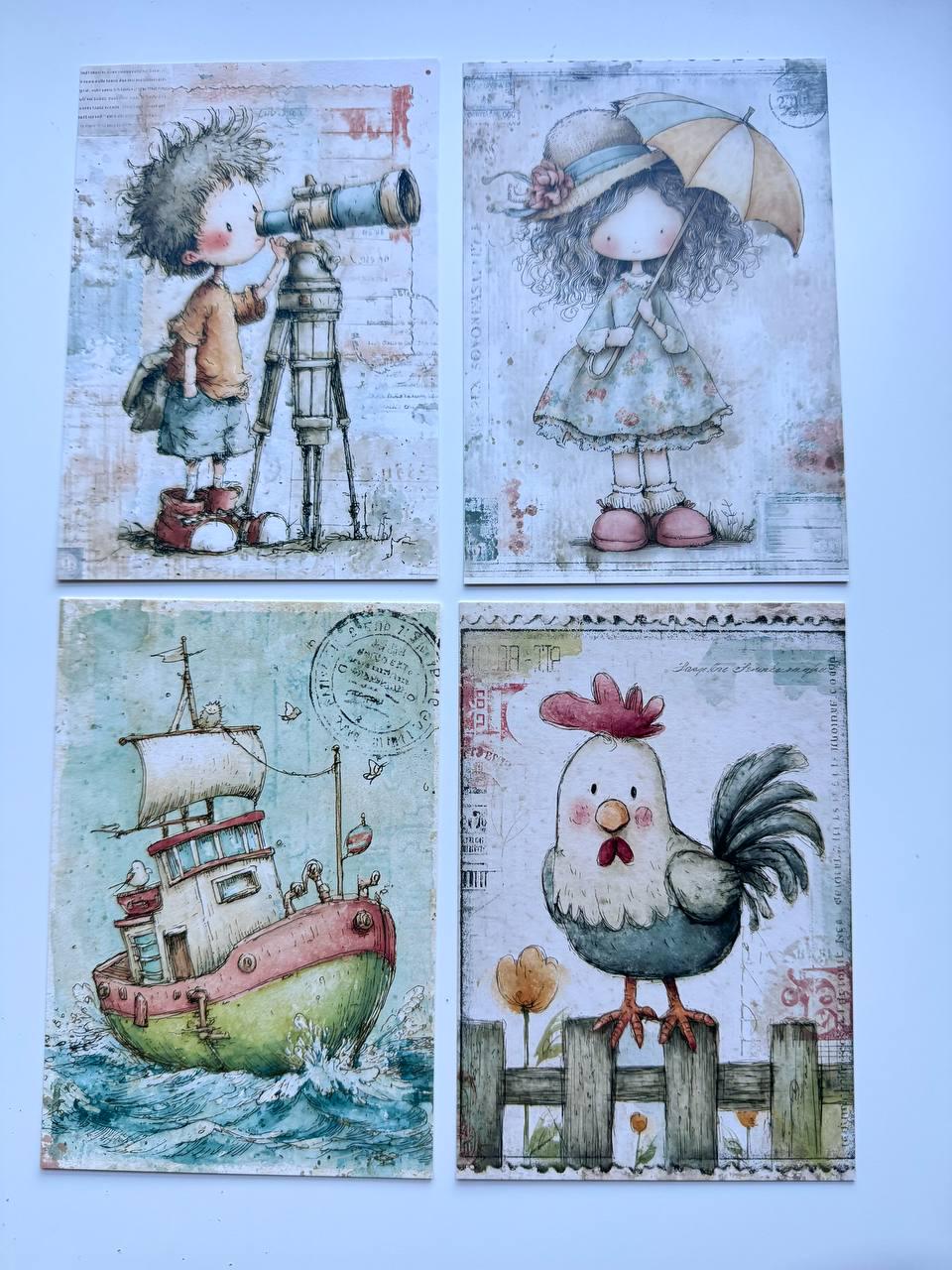 Set of 20 Whimsical Postcards, Cute Children & Animals Cards, Vintage Style 14.5 x 10 cm, Junk Journal Scrapbooking Ephemera