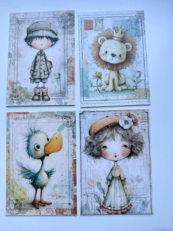 Set of 20 Whimsical Postcards, Cute Children & Animals Cards, Vintage Style 14.5 x 10 cm, Junk Journal Scrapbooking Ephemera