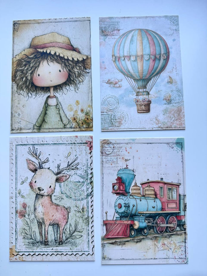 Set of 20 Whimsical Postcards, Cute Children & Animals Cards, Vintage Style 14.5 x 10 cm, Junk Journal Scrapbooking Ephemera