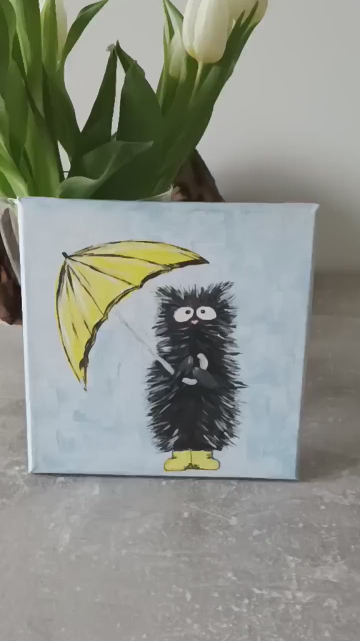 Handmade, cat with an umbrella, cat painting, original painting, painted with acrylic paints, for cat lovers