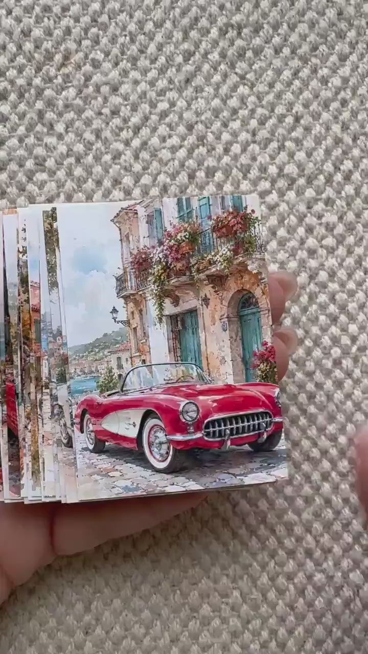 16 Vintage Car Stickers, Classic Cars Travel Scenery, Retro Automobile Stickers, Junk Journal Scrapbook, Mediterranean Travel Decor
